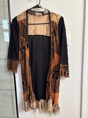 gimmicks by BKE Patchwork Open Cardigan - Black, Brown, Tan